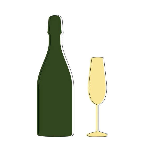 Champagne fles en glas in minimalistische stijl. Restaurant en pub, bar symbool. Platte ontwerp lijn kunst. Geïsoleerde vectorillustratie — Stockvector