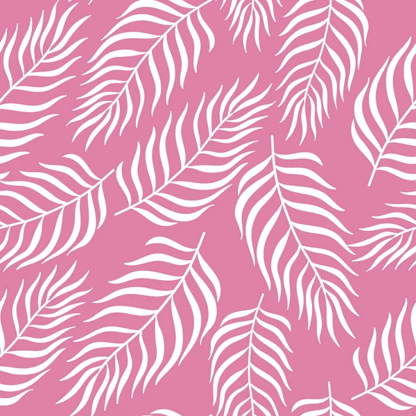 Tropische Palmenblätter mit nahtlosem Muster. Weiße Pflanzen auf rosa Hintergrund — Stockvektor