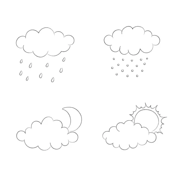 Simple cartoon set with clouds, sun and moon, rain and snow. Black and white. Clouds vector collection in line art style. — Stock Vector