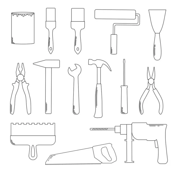 Set icons building tools. Repair, construction buildings. Drill, hammer, screwdriver, saw, roller, brush and pliers. Line art. Doodle style. — Stock Vector