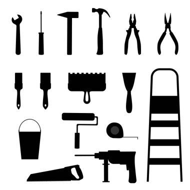 Siyah simgeler oluşturma araçları. Tamir, inşaat binaları. Matkap, çekiç, tornavida, testere, silindir, fırça ve pense..
