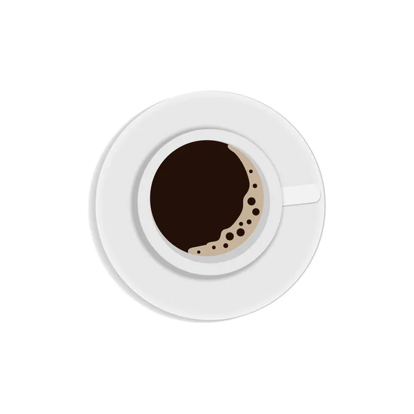 Top view white coffee cup and saucer. Mug of black coffee with foam. Flat design. — Stock Vector