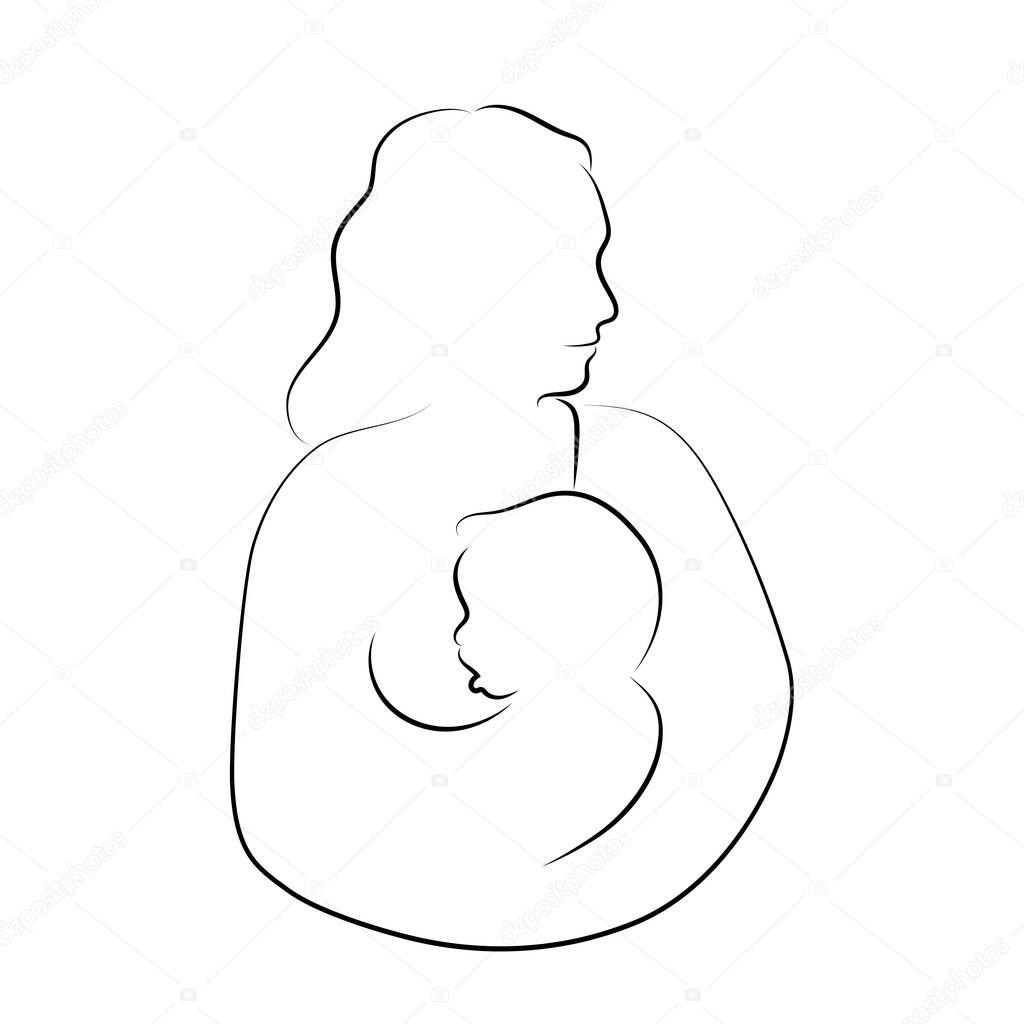 Mother breastfeeding her baby. Breastfeeding woman concept. Lactation. Line art
