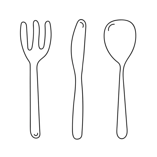 Cuchara, cuchillo y tenedor. Juego de iconos de herramientas de cocina. Estilo de garabato arte de línea. — Archivo Imágenes Vectoriales