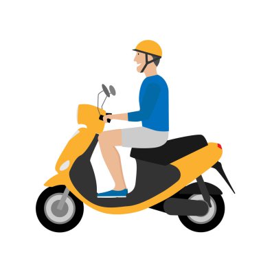 Sarı motosikletli bir adam. Kask takan adam. Şehir aracı, şehir ulaşımı. Teslimat servisi.