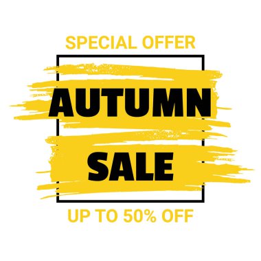 Sonbahar indirimi afiş şablonu. Özel fiyat. Sarı fırça darbesiyle ilgili indirimli metin 