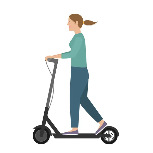 Vrouw op kick scooter. Meisje rijden elektrische scooter. — Stockvector