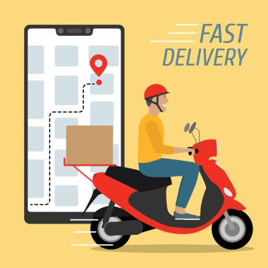Teslimat servisi. Motorlu scooter kullanan bir adam. Harita takibi yapan akıllı telefon. Hızlı teslimat. E-ticaret konsepti. Gönderme