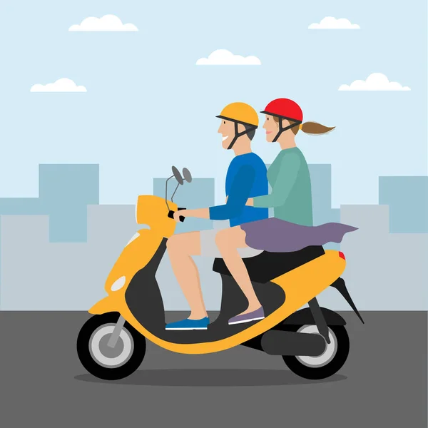 Homem e mulher montando scooter motor amarelo na cidade. Um par de ciclomotores. Estilo plano. Veículo urbano — Vetor de Stock