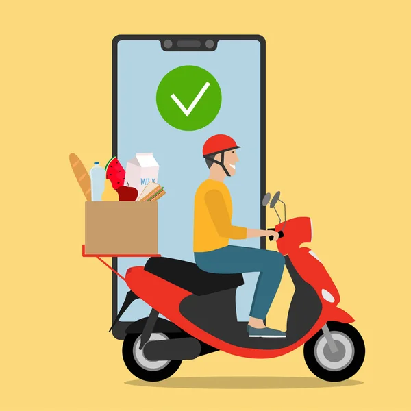 Servicio de entrega. Hombre montando moto con una caja. Smartphone móvil. Entrega de comida. Concepto de comercio electrónico. — Vector de stock