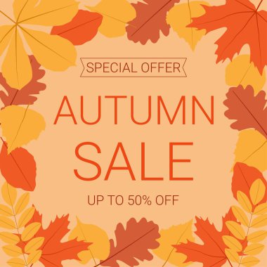 Sonbahar indirimli yapraklı pankart. Arka planda kal. Alışveriş, tanıtım afişi ya da internet afişi için en iyisi.. 