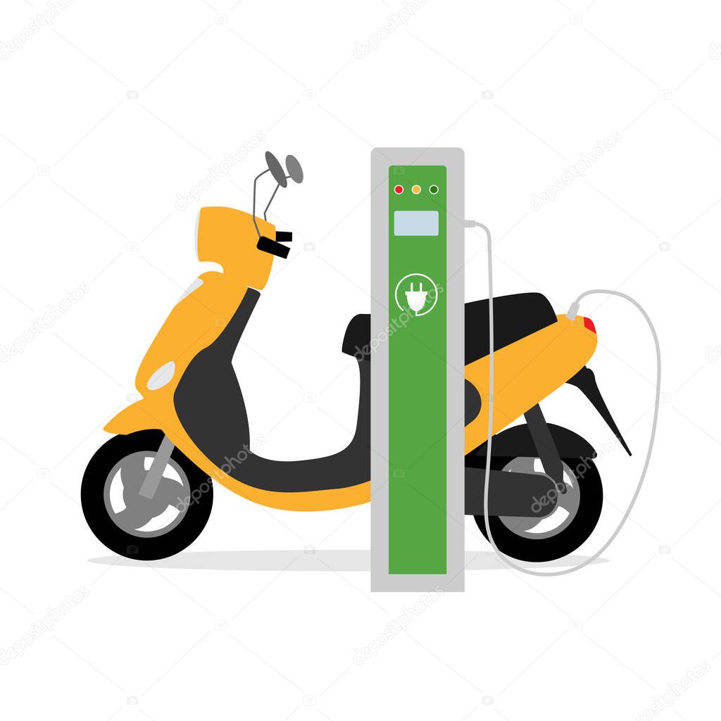 Yellow electric scooter charging. Moped in flat style. Two-wheeled automobile. Eco friendly urban vehicle. 