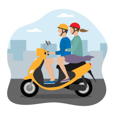 Şehirde sarı scooter kullanan bir adam ve bir kadın. Motosikletli bir çift. Düz stil. Şehir aracı 