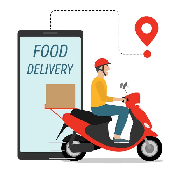 Delivery service. Man riding motor scooter with a box. Food delivery. E-commerce concept. — Stock Vector