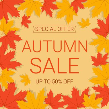 Akçaağaç yapraklı sonbahar indirimi afişi. Arka planda kal. Alışveriş, tanıtım afişi ya da internet afişi için en iyisi.. 