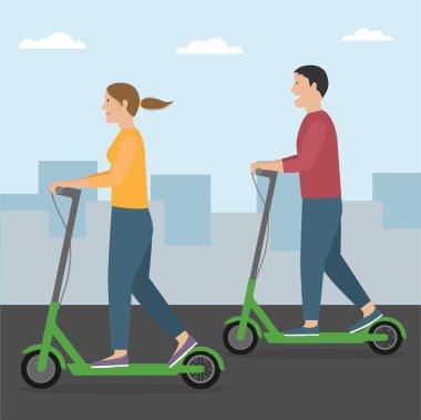Man and woman riding green scooters in the city. 