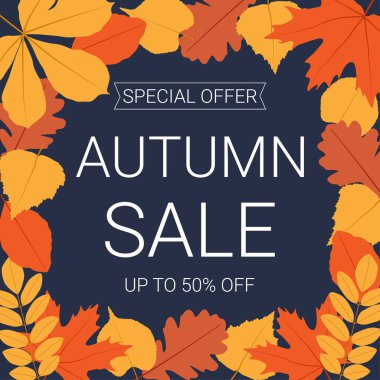 Autumn sale banner with leaves on dark blue background. 