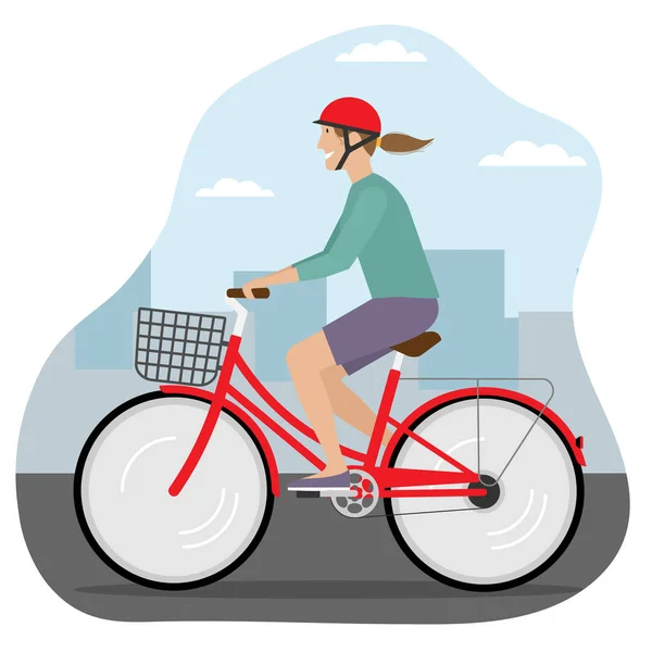 Kobieta jeżdżąca rowerem miejskim w mieście. Nowoczesny pojazd miejski. Konstrukcja płaska. — Wektor stockowy