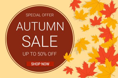 Akçaağaç yapraklı sonbahar indirimi afişi. Arka planda kal. Alışveriş, tanıtım afişi ya da internet afişi için en iyisi.. 