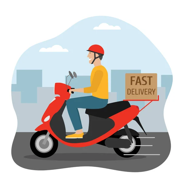 Layanan antar. Seorang pria mengendarai motor dengan sebuah kotak di kota. Pengiriman cepat. Konsep e-commerce. Pengiriman - Stok Vektor