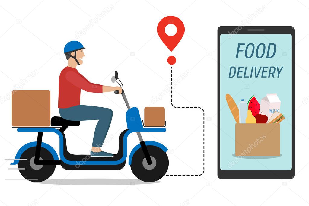 Food Delivery service. Man riding electric bike scooter with boxes. Man wearing helmet. Urban vehicle, city eco friendly transportation. 