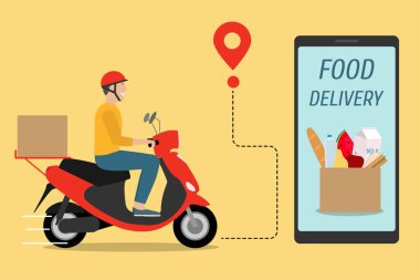 Teslimat servisi. Motorlu scooter kullanan bir adam. Yemek servisi. E-ticaret kavramı. 