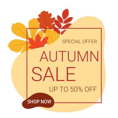 Yapraklı, çerçeveli ve şekilli sonbahar indirimi afişi.
