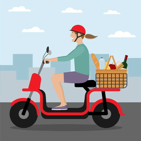 Mulher no capacete montando scooter de bicicleta elétrica. Menina equitação scooter com cesta de piquenique — Vetor de Stock