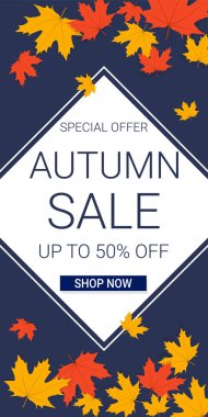 Koyu mavi arka planda akçaağaç yapraklı sonbahar indirimi afişi.