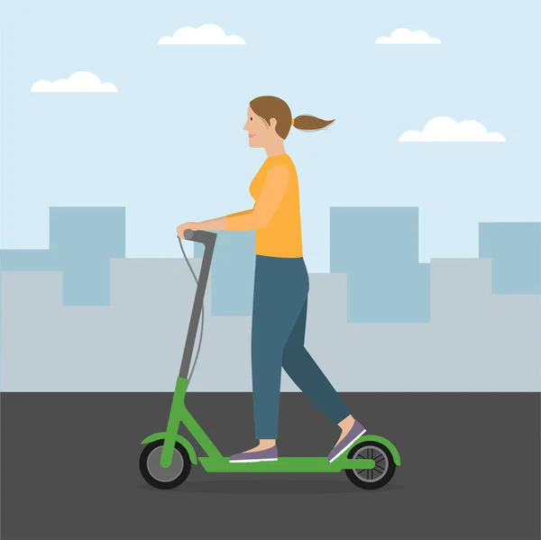 Vrouw op kick scooter. Meisje rijden elektrische scooter. — Stockvector