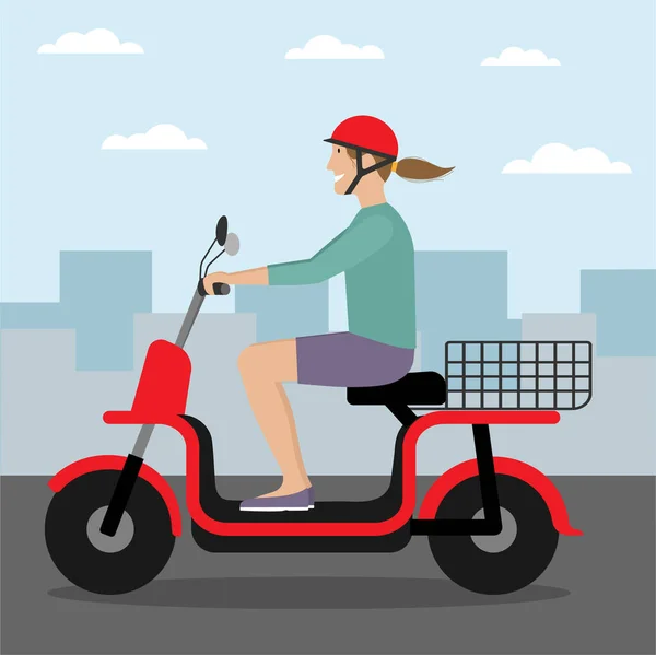 Mulher no capacete montando scooter de bicicleta elétrica. Fundo da cidade. — Vetor de Stock