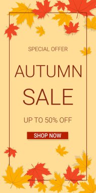 Akçaağaç yapraklı ve çerçeveli sonbahar indirimi afişi. Dikey pankart