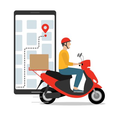 Teslimat servisi. Motorlu scooter kullanan bir adam. Harita takibi yapan akıllı telefon. Hızlı teslimat. E-ticaret konsepti. Gönderme