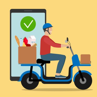 Teslimat servisi. Kasklı bir adam kutular ve ürünlerle motosiklet sürüyor..