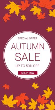 Akçaağaç yapraklı sonbahar indirimi afişi. Dikey pankart