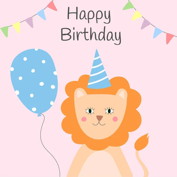 Birthday greeting card with cute lion and balloon. — Stock Vector