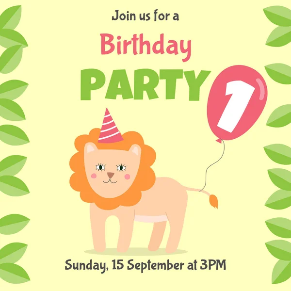 Birthday invitation card with cute lion and pink balloon. One year birthday party. — Stock Vector