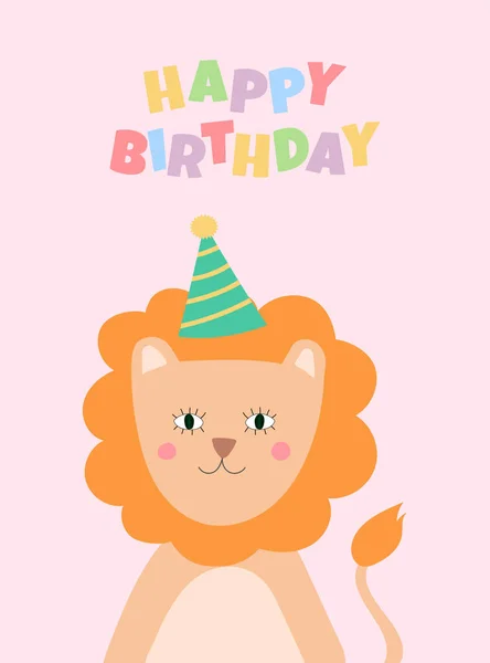 Cartão de aniversário com leão bonito e chapéu de aniversário. — Vetor de Stock