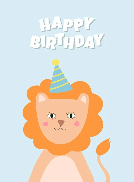 Geburtstagsgrußkarte mit niedlichem Löwen und Geburtstagsmütze. Blauer Hintergrund — Stockvektor