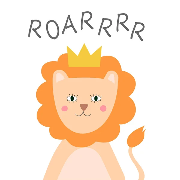 Милый лев в короне. Прекрасный персонаж мультяшного животного. Roarrr — стоковый вектор