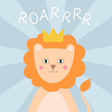  Tacın içinde şirin bir aslan. Güzel bir hayvan çizgi filmi karakteri. Roarrr.