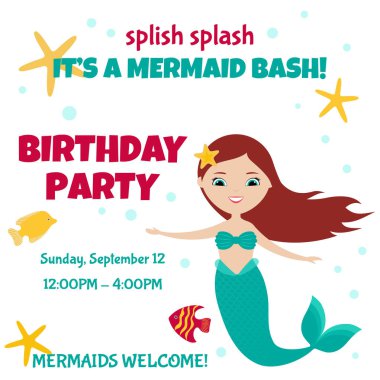 Splish splash, bu bir deniz kızı partisi. Beyaz arka planda sevimli denizkızı olan bir doğum günü partisi davetiyesi. Düz biçim tasarımı. 