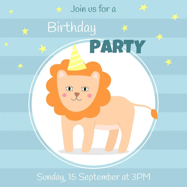 Birthday invitation card with cute lion and birthday hat. — Stock Vector