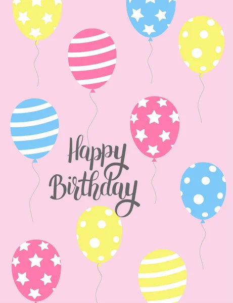 Cartão de aniversário com balões coloridos em fundo rosa. Feliz Aniversário lettering — Vetor de Stock