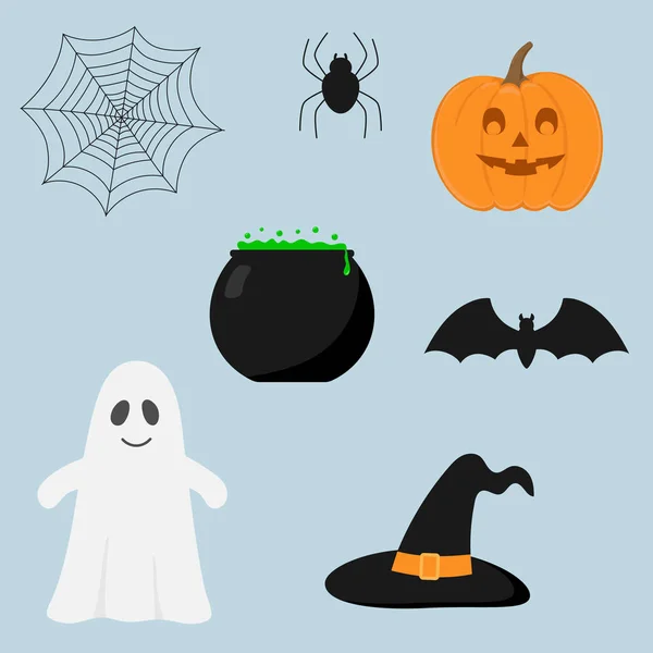 Zestaw Halloween. Dynia, duch, pająk, nietoperz, pajęczyna, kapelusz i garnek czarownic. — Wektor stockowy