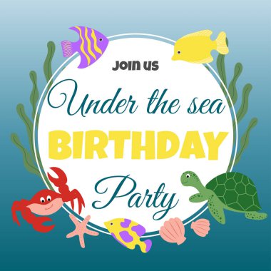 Deniz altı doğum günü partisi için davetiye Balıklar, kaplumbağa, yengeç denizyıldızı ve deniz kabukları. 