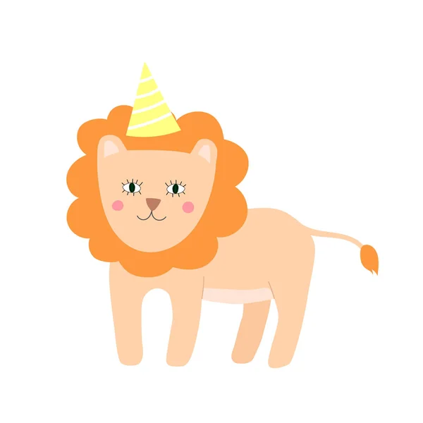 Милый лев в шляпе на день рождения. Хороший детский душ, приглашение на день рождения, поздравительная открытка, печать одежды. — стоковый вектор