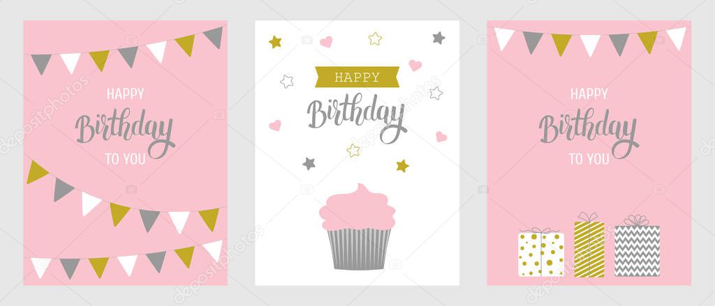 Set of birthday greeting cards. Cupcake, birthday gift, flags. Pink, white, gold and grey colors.