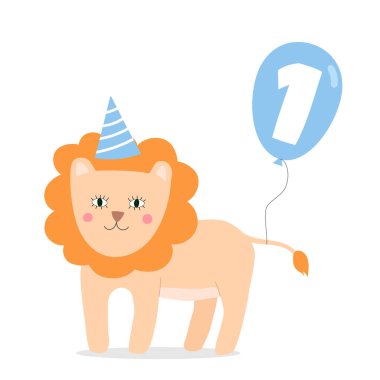 Doğum günü şapkalı şirin aslan bir numaralı balonu tutuyor..