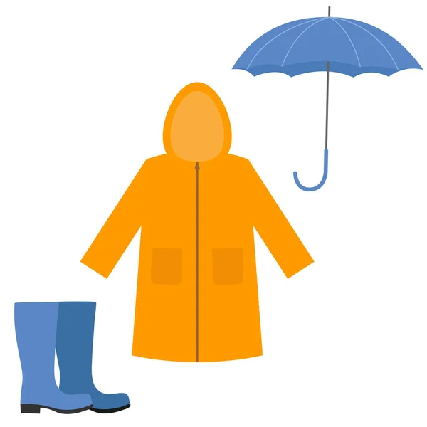 Regnrock, gummistövlar, öppet paraply. Uppsättning höst- eller vårkläder för regnigt väder. Platt stil design. — Stock vektor